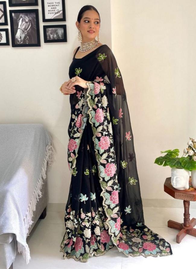 Georgette Black Party Wear Embroidery Work Saree